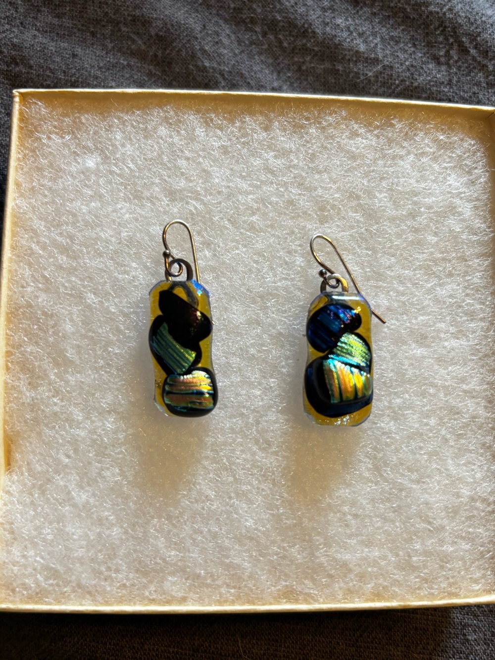 Dichroic Fused Glass Drop Earrings Iridescent Blue Green Gold Artisan Handmade